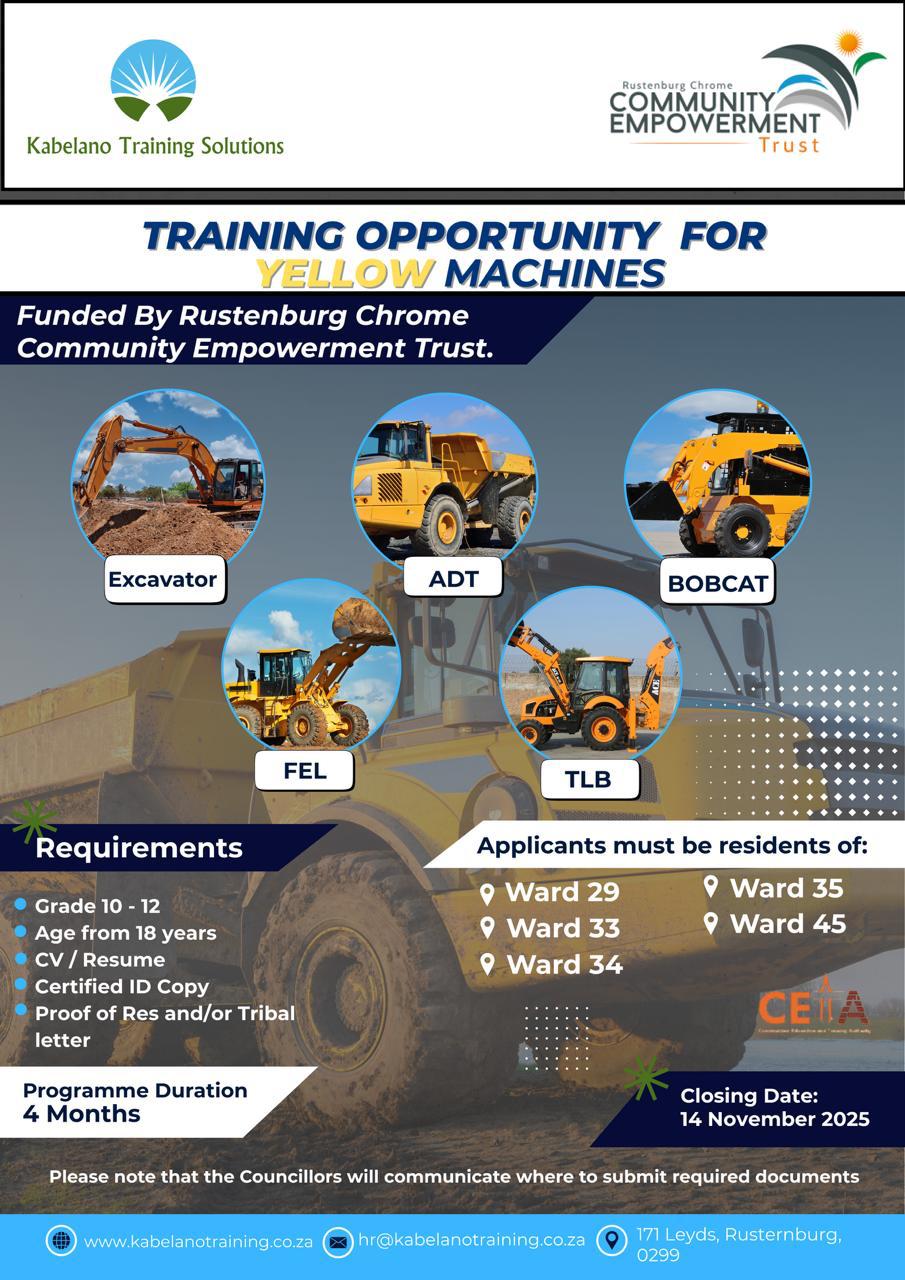 :  🚜 Kabelano Training Solutions Opens Yellow Machines Training Opportunity – Empowering Rustenburg Youth for a Brighter Future