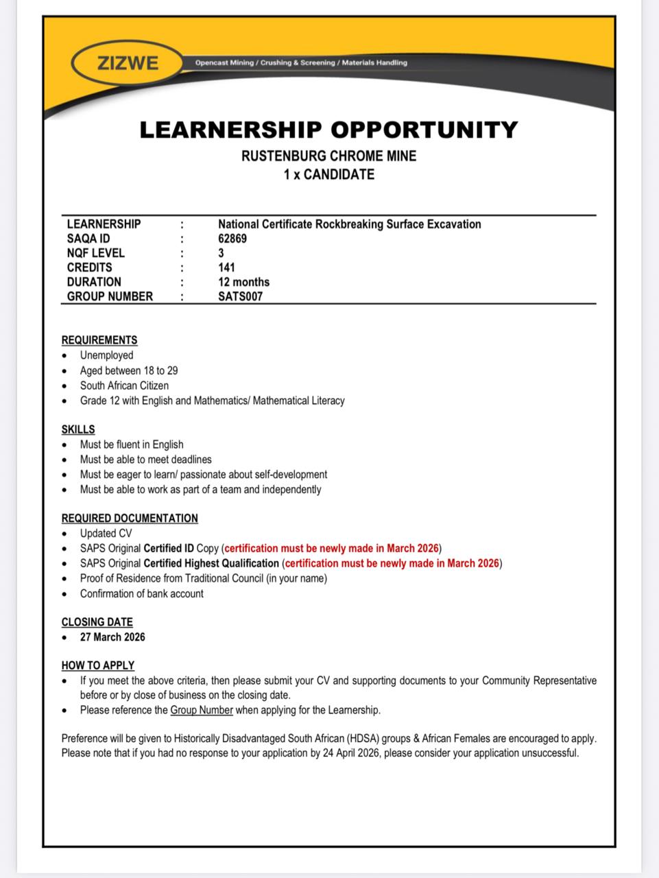Learnership Opportunity – Rockbreaking (Surface Excavation)